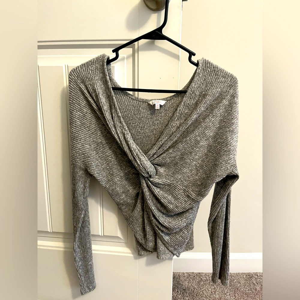 Candies Womens Sweater Gray Twist front Ribbed Cozy Size Small